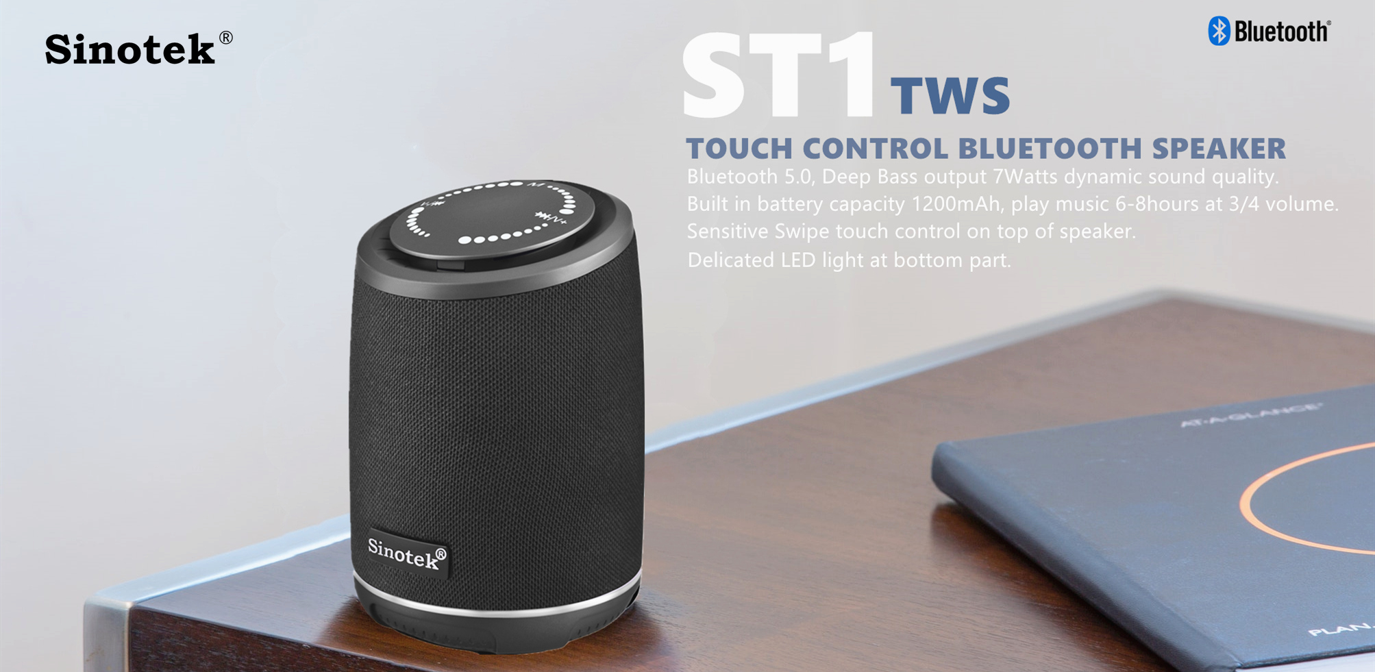 ST1 bluetooth speaker with touch control and LED